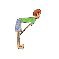 Cartoon person in a flat-back half lift with hands on shins and back parallel to the floor