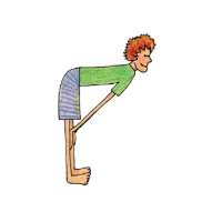 Cartoon person in a flat-back half lift with hands on shins and back parallel to the floor