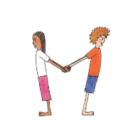 Two children standing back-to-back, holding hands behind them with feet grounded
