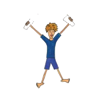 Cartoon person standing with arms lifted and mouth open, laughing with “Ha Ha” floating from each hand