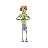 Cartoon person standing tall with palms pressed together in front of the chest