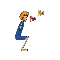 Cartoon person in a squat with one hand cupped around the mouth, laughing out loud