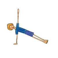 Cartoon person holding a side plank with one hand on the ground and the other reaching upward
