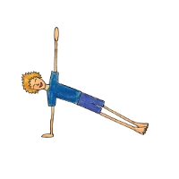 Cartoon person holding a side plank with one hand on the ground and the other reaching upward