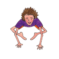 Person squatting forward on hands in Crow Pose with a playful smile