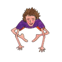 Person squatting forward on hands in Crow Pose with a playful smile
