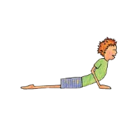 Cartoon person in Cobra Pose with chest lifted and hands under shoulders, making a hissing sound