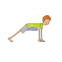 Cartoon person in a long lunge with both hands on the floor, front knee bent and back leg extended
