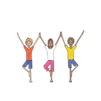 Three children balancing in Tree Pose with arms raised and touching overhead in a connected arc