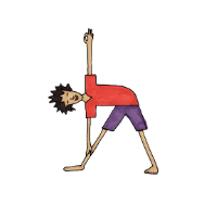 Person seated on a chair in triangle pose with one hand on the chair seat and the other arm raised overhead