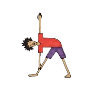 Person seated on a chair in triangle pose with one hand on the chair seat and the other arm raised overhead