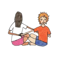 Two children seated cross-legged, reaching arms behind each other’s backs to gently twist and connect