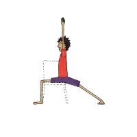 Person in a high lunge stance seated on a chair with one leg bent and arms lifted overhead in a circle