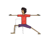 Person in a side-facing lunge on a chair with arms extended wide at shoulder height