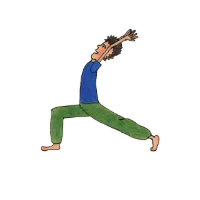 Cartoon person in a deep lunge with hands pressed together at the chest