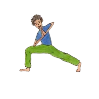 Cartoon person in a seated twist with arms folded in prayer across the chest