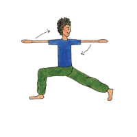 Cartoon person in a strong standing lunge with hands on hips, legs wide apart