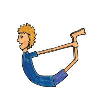 Cartoon person in Bow Pose, lying on their belly with hands holding ankles and chest lifted