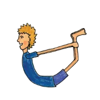 Cartoon person in Bow Pose, lying on their belly with hands holding ankles and chest lifted