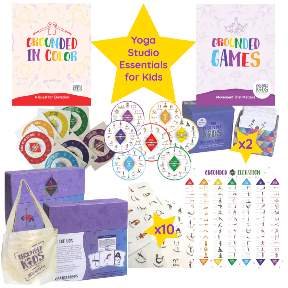 A collection of kids yoga materials including posters, cards, tote bags, chakra tools, and printable curriculum from Grounded Kids Yoga, designed for use in yoga studios or clubs