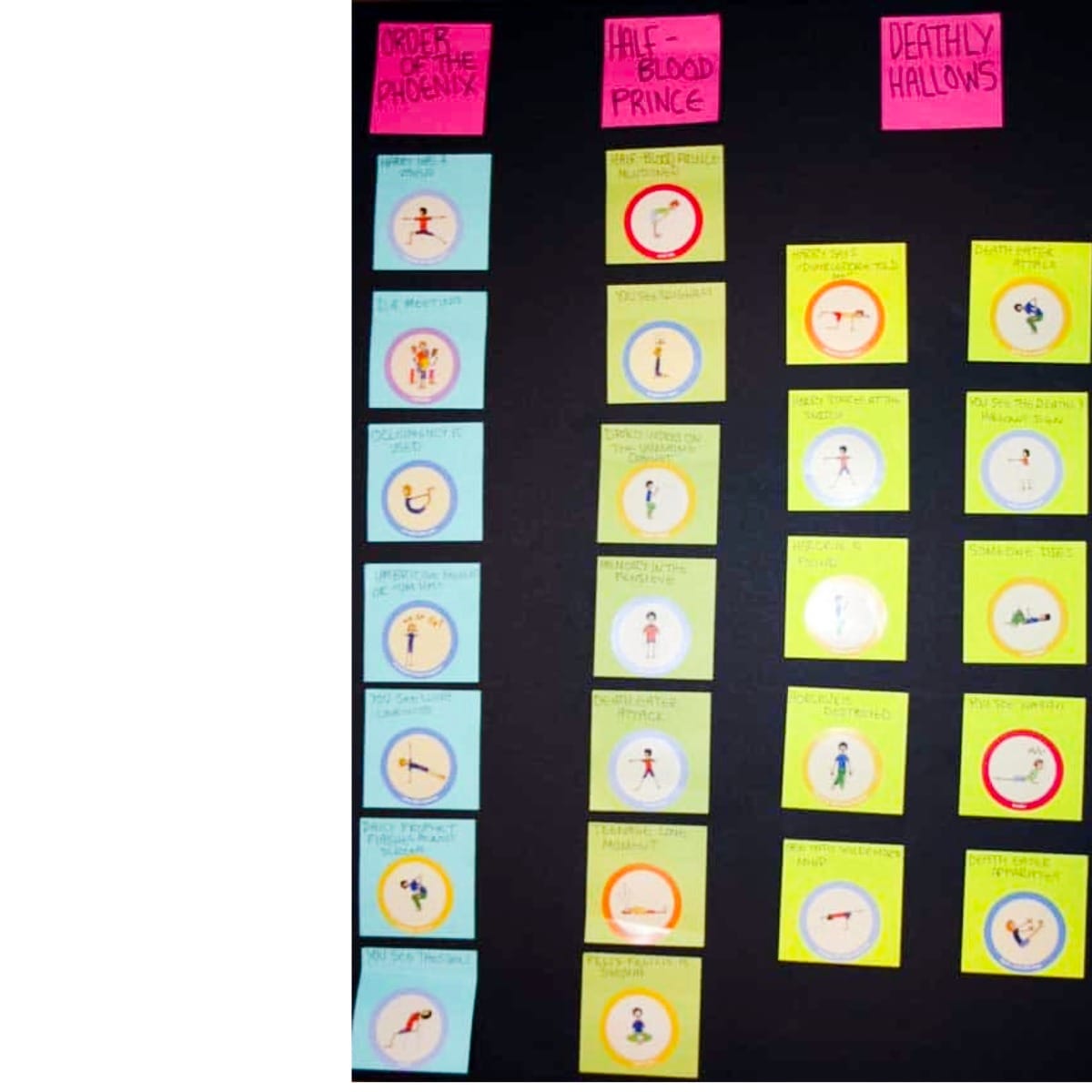 Harry Potter yoga pose board with movie-specific triggers and poses for Order of the Phoenix, Half-Blood Prince, and Deathly Hallows.