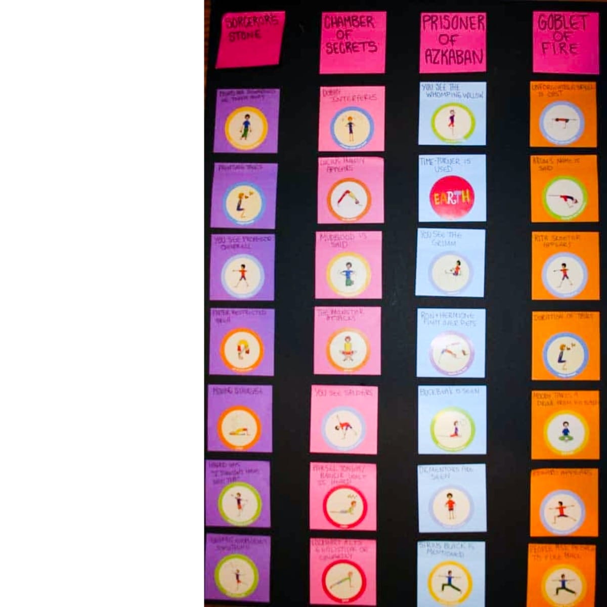 Color-coded Harry Potter yoga game board showing yoga poses for four movies: Sorcerer’s Stone, Chamber of Secrets, Prisoner of Azkaban, and Goblet of Fire.