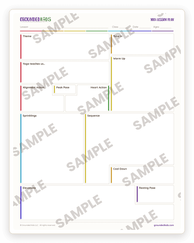 A watermarked sample of the Grounded Kids Yoga Lesson Plan Template, a one-page printable planning sheet with colour-coded sections for Theme, Tune In, Warm Up, Sequence, Sprinklings, Peak Pose, Cool Down, Elevations and Resting Pose.