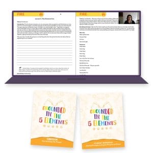 Grounded in the 5 Elements webinar lesson on a laptop beside the kids yoga curriculum and student workbook
