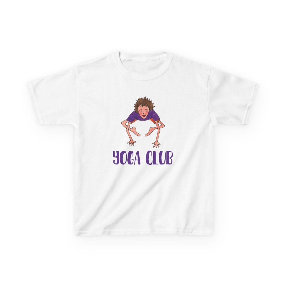 Yoga Club T-Shirt in White, front, with the crow pose kid above purple YOGA CLUB letters