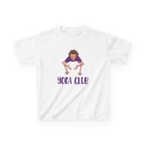 Yoga Club T-Shirt in White, front, with the crow pose kid above purple YOGA CLUB letters