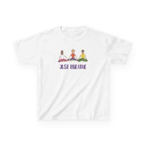 White kids yoga t-shirt with three seated children and Just Breathe on the front