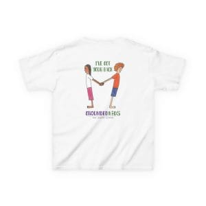 Back of the White kids yoga t-shirt with two children holding hands, I've Got Your Back and the Grounded Kids logo