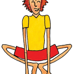 Drawing of a child with spiky red hair, a yellow shirt and red shorts in Get Up Pose, squatting on the toes with knees wide and fingertips on the floor.
