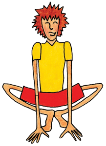 Drawing of a child with spiky red hair, a yellow shirt and red shorts in Get Up Pose, squatting on the toes with knees wide and fingertips on the floor.