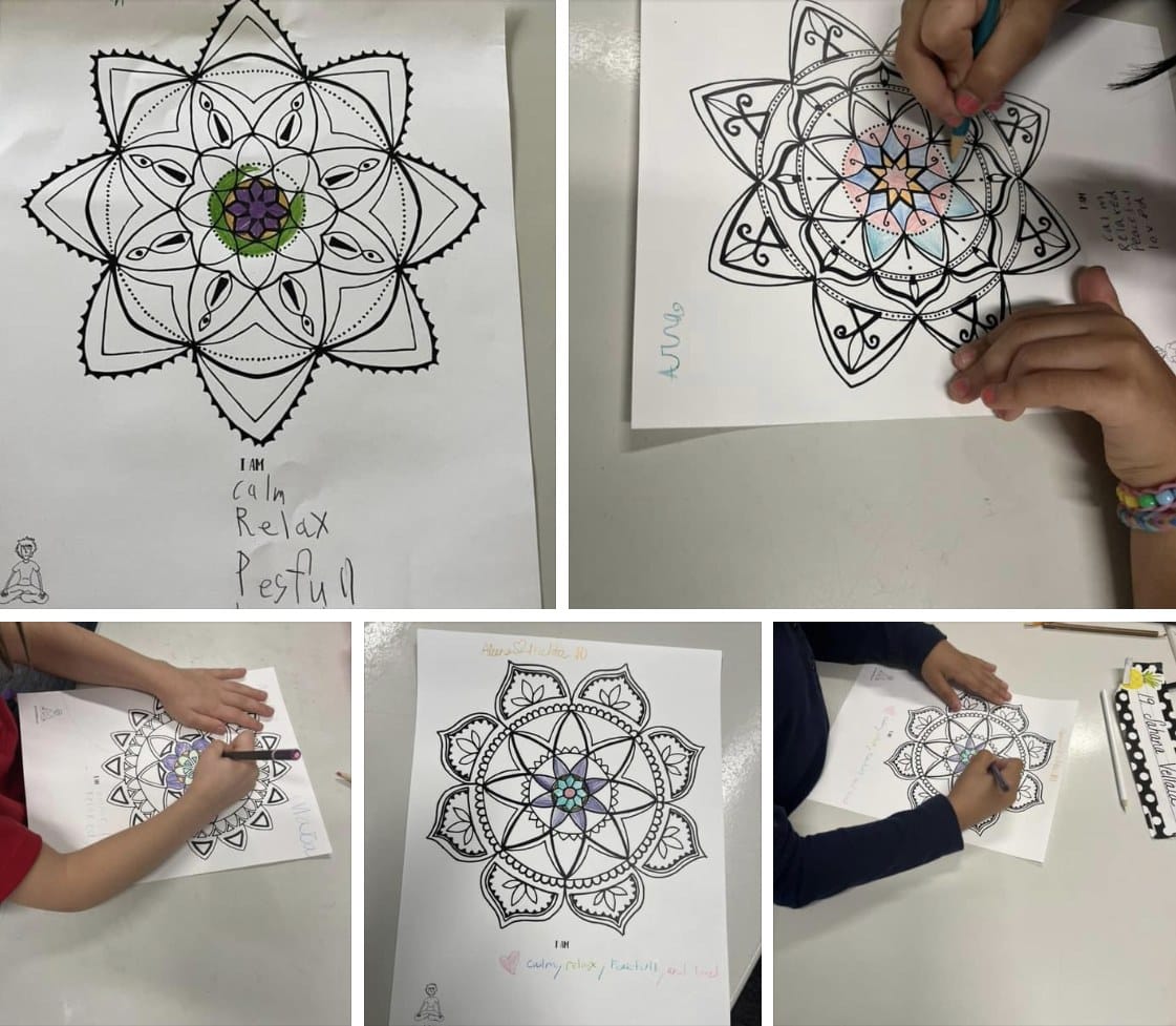 Collage of children coloring I Am Centered mandala pages with colored pencils and markers, one page with a child's handwritten words calm, relax and peaceful