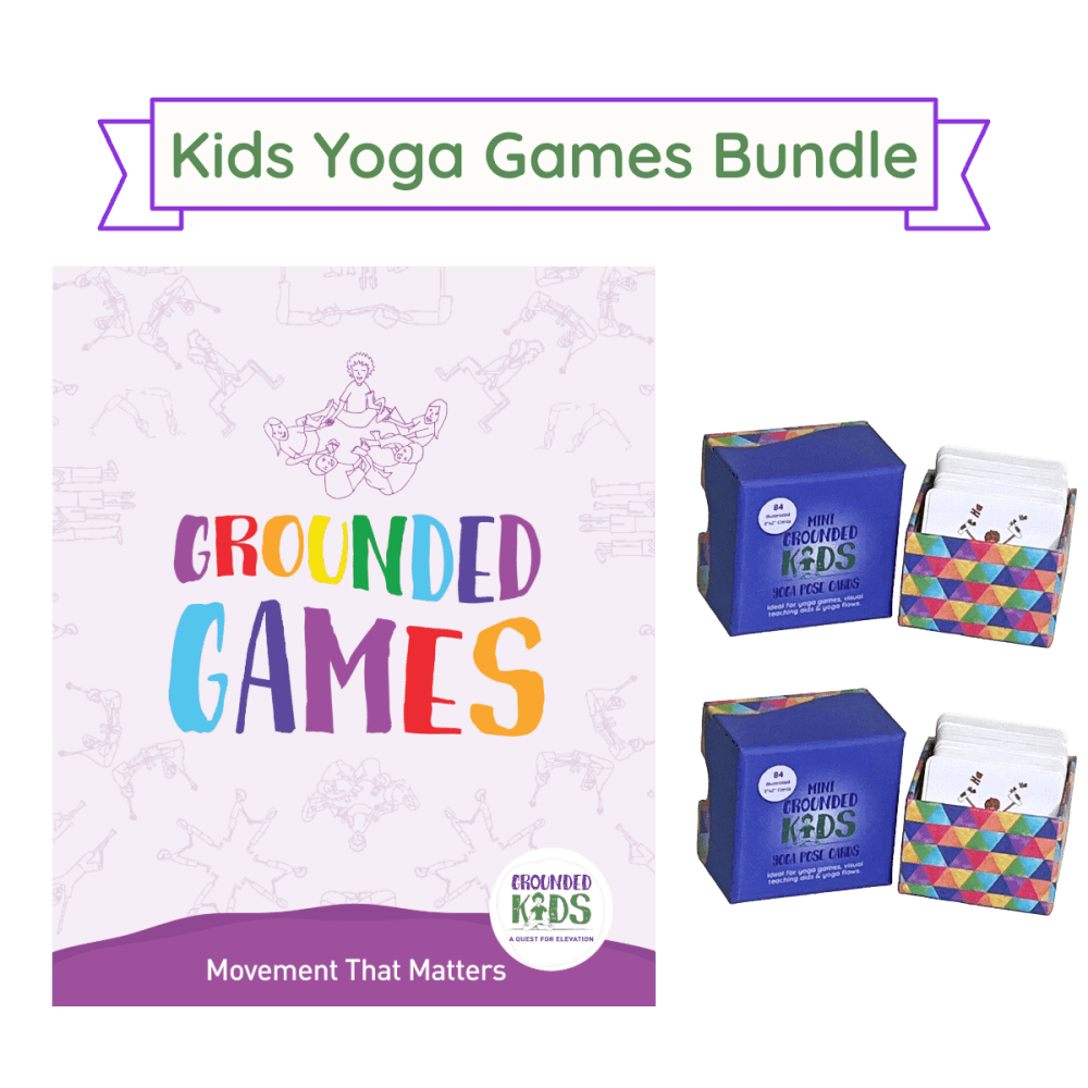 Kids Yoga Games Bundle: the printed Kids Yoga Games Book beside two boxed decks of Mini Yoga Pose Cards