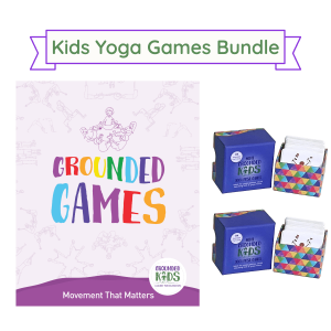 Kids Yoga Games Bundle: the printed Kids Yoga Games Book beside two boxed decks of Mini Yoga Pose Cards