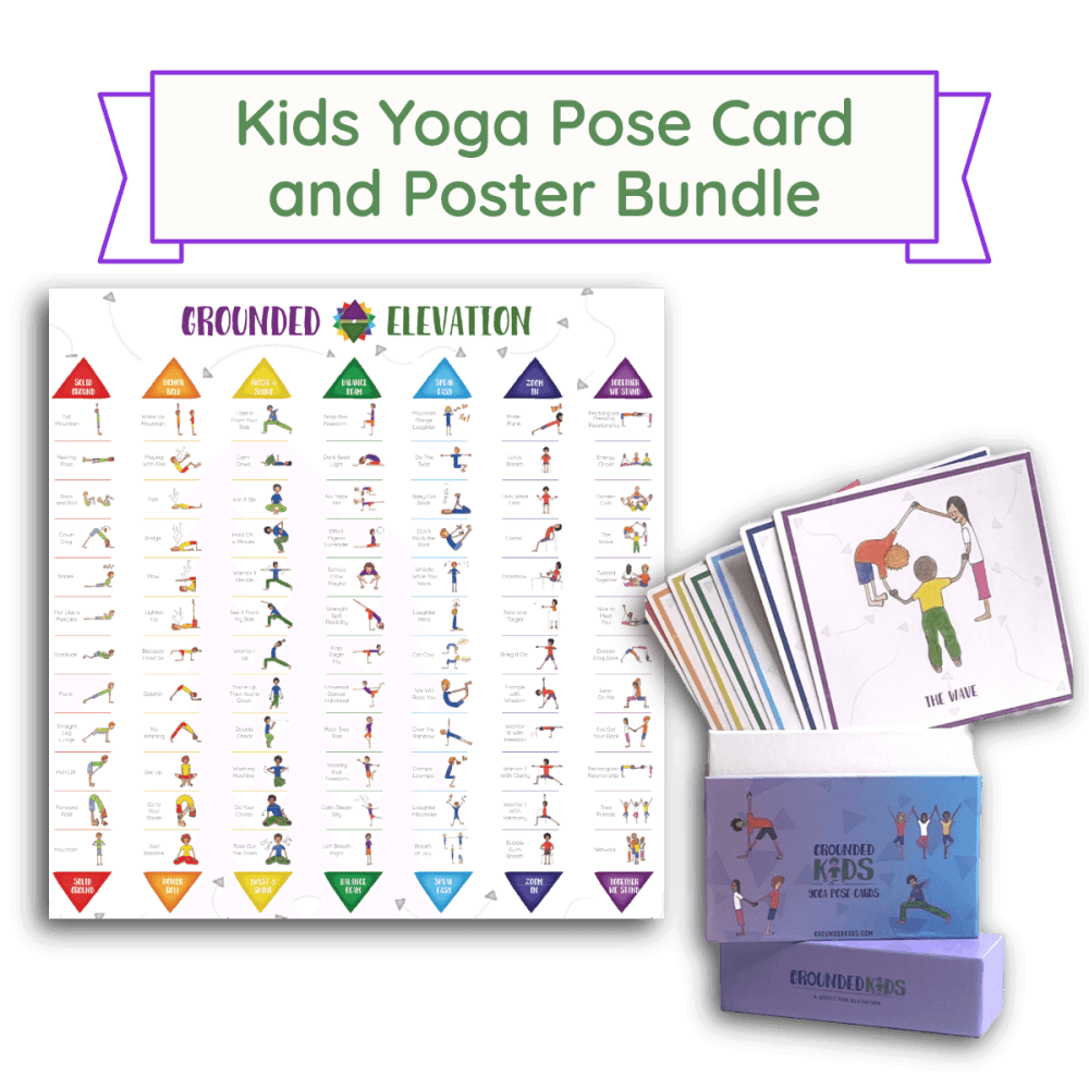 Kids Yoga Pose Card and Poster Bundle: the Kids Yoga Pose Poster (14 x 14) beside the boxed Kids Yoga Pose Cards