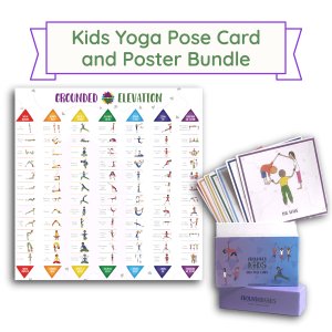 Kids Yoga Pose Card and Poster Bundle: the Kids Yoga Pose Poster (14 x 14) beside the boxed Kids Yoga Pose Cards