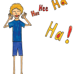 Drawing of a child with curly blond hair, a blue shirt and blue shorts in Mountain Range Laughter pose, laughing with fingers circled by the ears and the words Hee Hee Ha Ha!