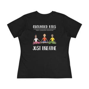 Back of the Black women’s yoga tee with the Grounded Kids logo, three seated kids and Just Breathe