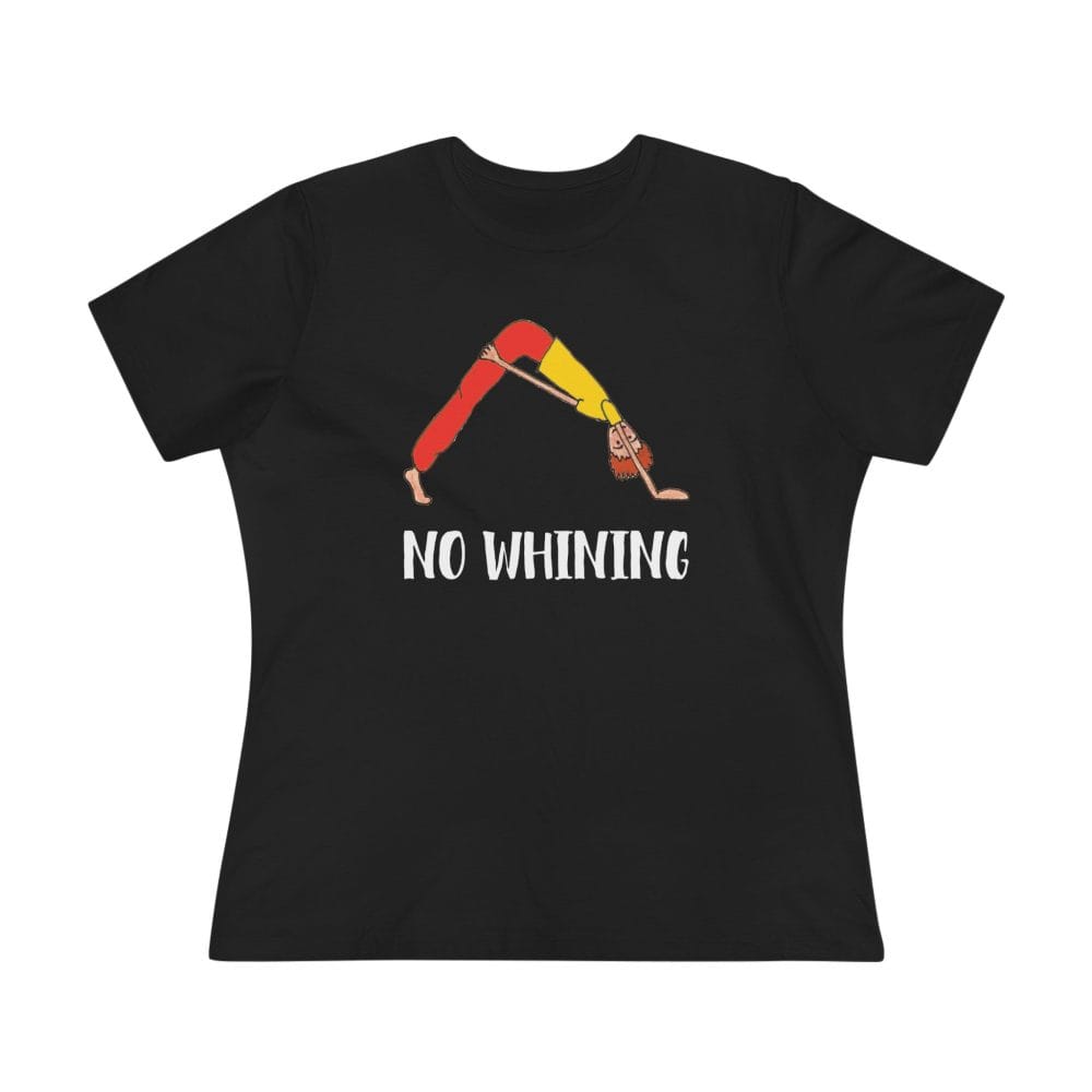 Black women’s yoga tee with a yoga pose illustration and No Whining on the front