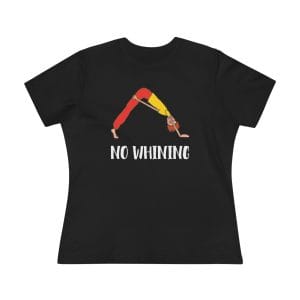 Black women’s yoga tee with a yoga pose illustration and No Whining on the front