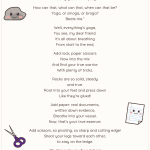 Rock Paper Scissors yoga poem with drawings of a smiling rock, a sheet of lined paper and a pair of scissors