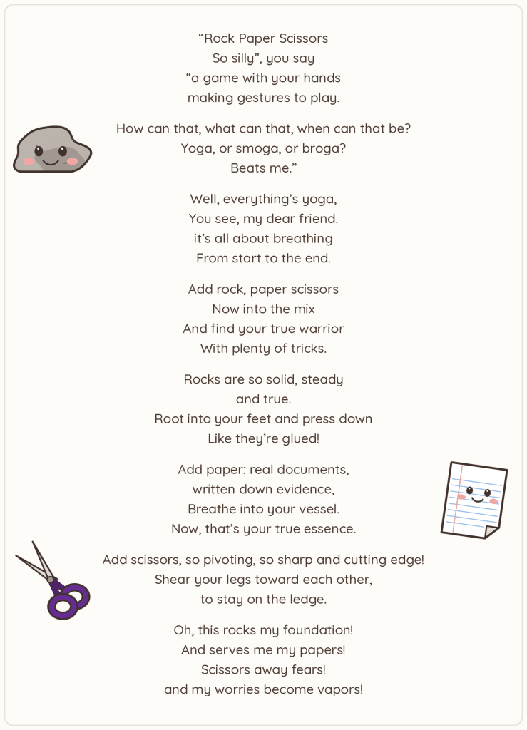 Rock Paper Scissors yoga poem with drawings of a smiling rock, a sheet of lined paper and a pair of scissors