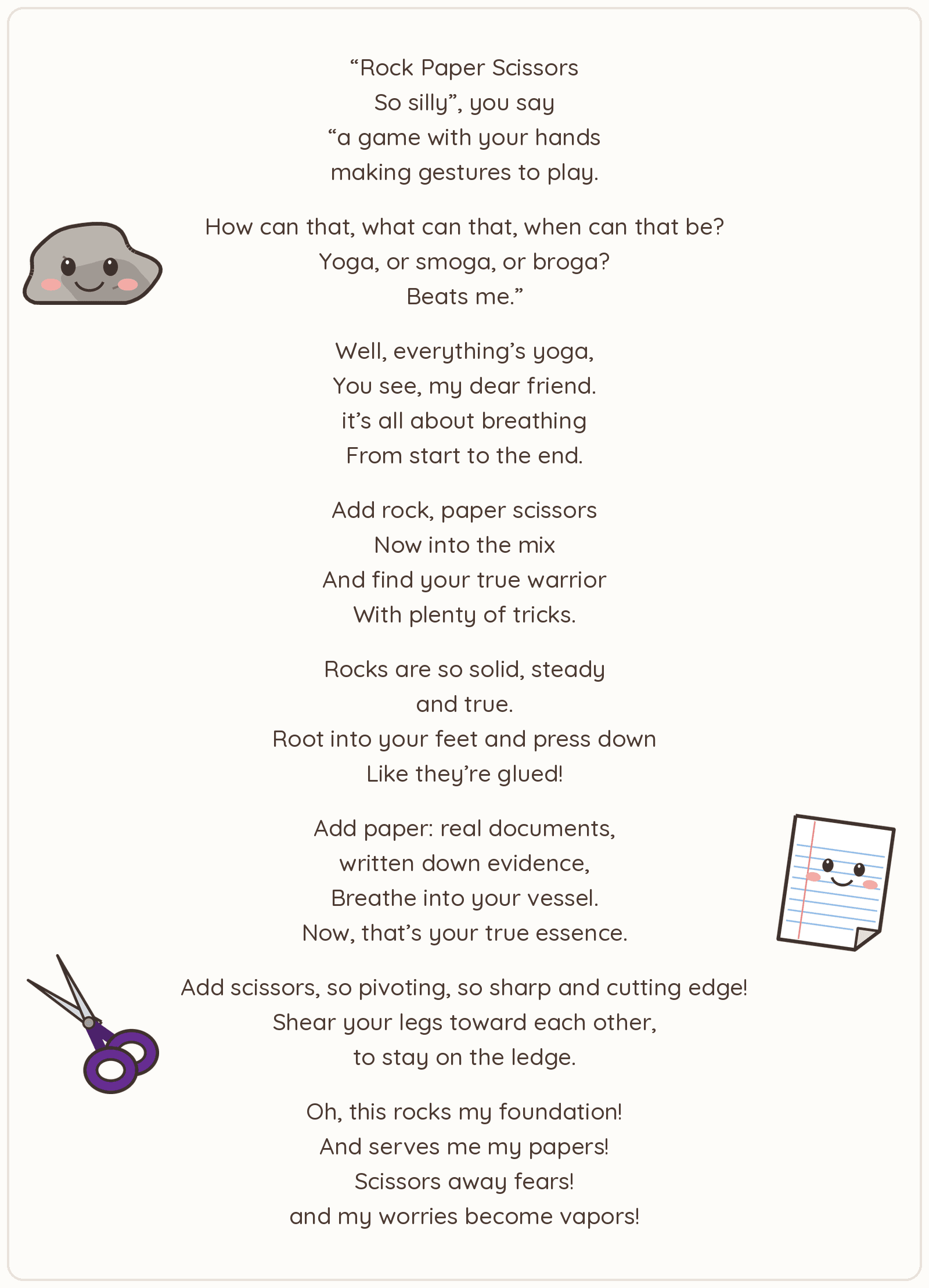 Rock Paper Scissors yoga poem with drawings of a smiling rock, a sheet of lined paper and a pair of scissors
