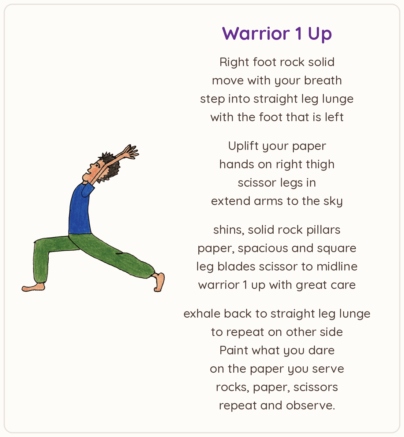 Warrior 1 Up pose card with a drawing of a figure in Warrior 1 reaching up and the steps for the pose written as a poem