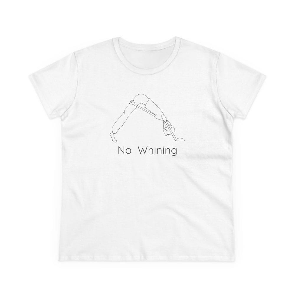 Women's yoga shirt in White, front, with a line drawing of a yoga pose above No Whining