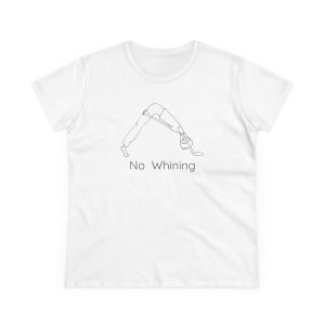 Women's yoga shirt in White, front, with a line drawing of a yoga pose above No Whining