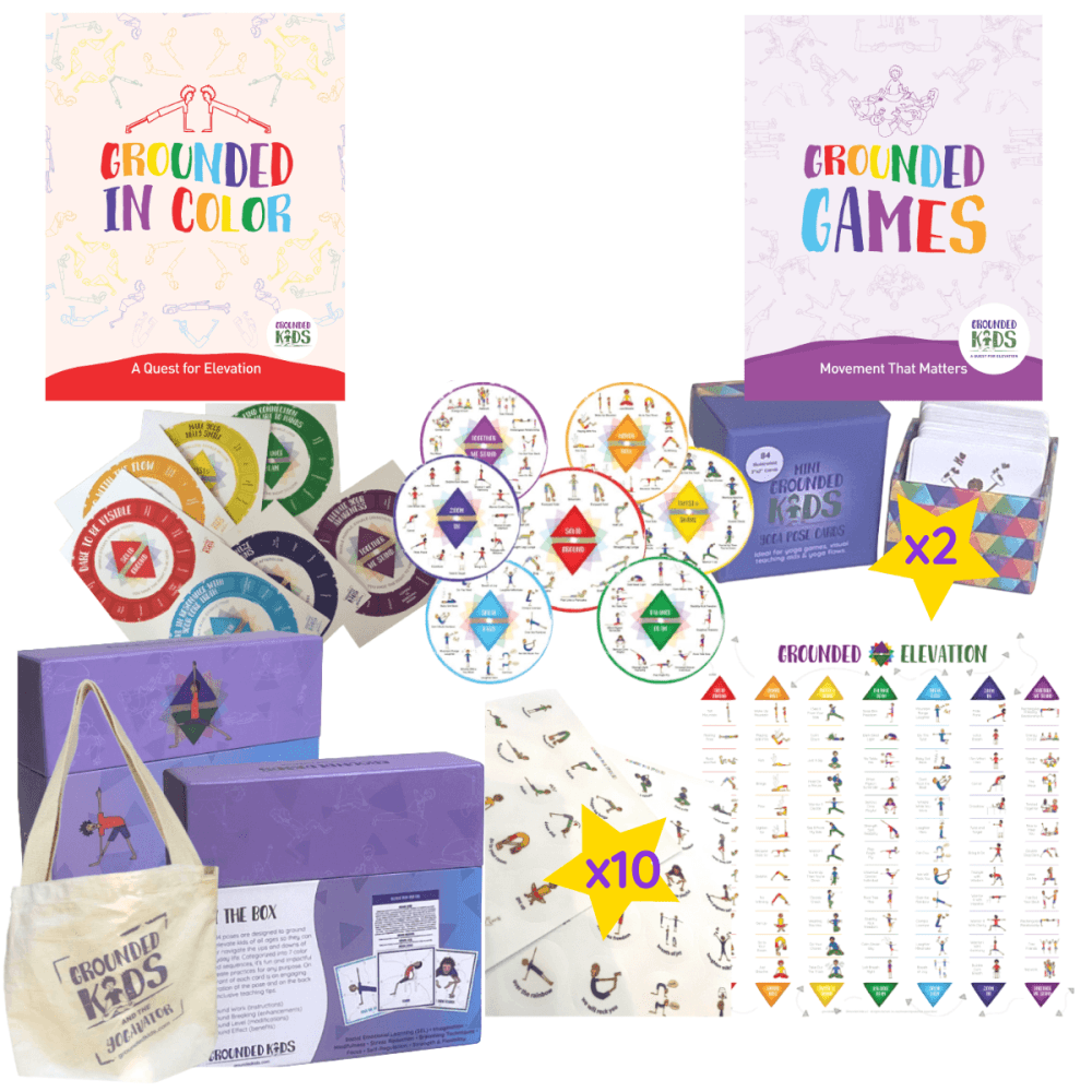 Yoga Studio – Kids Yoga Essentials Bundle with Kids Yoga Pose Cards, two Mini Pose Card Decks, the Kids Yoga Games Book, the Grounded in Color Kids Yoga Curriculum, the Grounded in Color Pose Clocks, the Chakra Colors for Kids 7 Poster Set, the Kids Yoga Pose Poster (14 x 14), 10 Pose Sticker Packs and the Grounded Kids Recycled Canvas Crossbody Tote